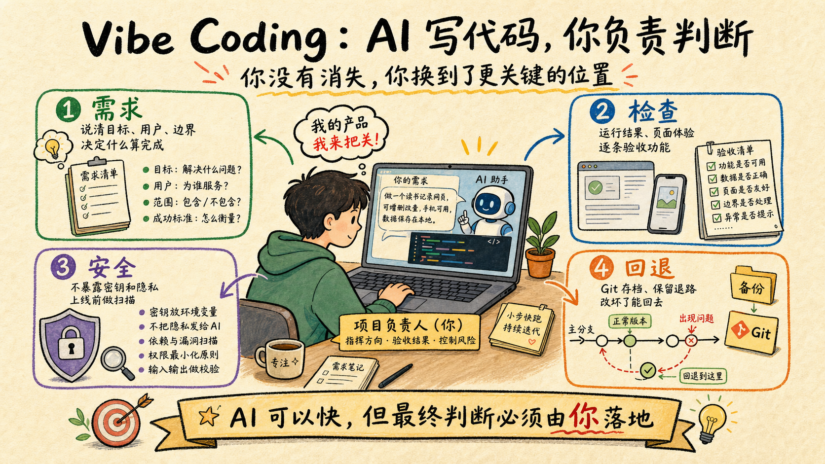 Vibe Coding 中 AI 负责加速写代码,项目负责人把控需求、检查、安全和回退