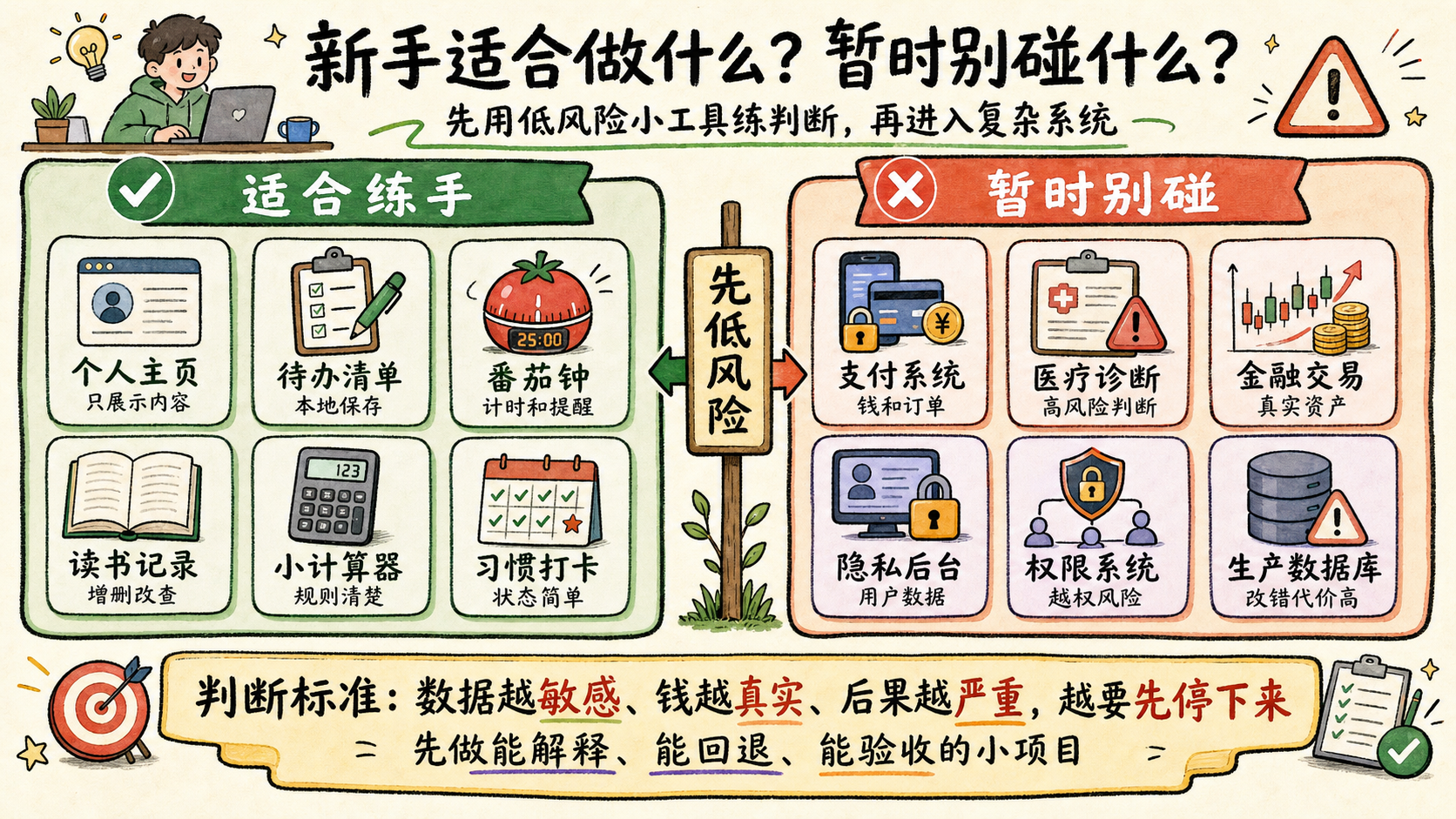 新手适合先做低风险小工具,暂时避开支付、医疗、金融和隐私后台