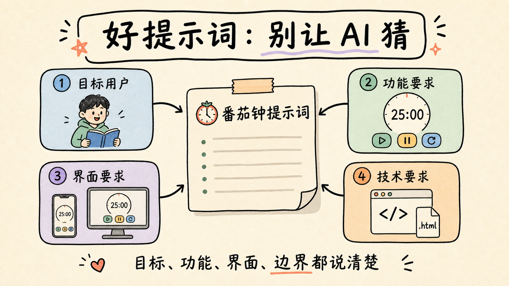 番茄钟提示词结构:目标用户、功能要求、界面要求、技术要求